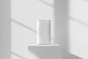 Poster - Minimalist white wallet displayed on a pedestal with soft shadows highlighting its sleek design in a modern setting