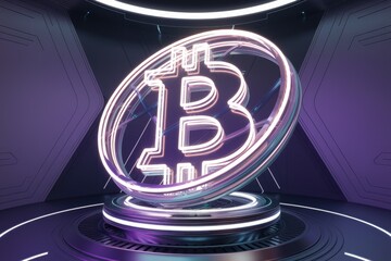 Poster - Neon Bitcoin symbol displayed on a futuristic platform, symbolizing cryptocurrency's innovative and digital nature.