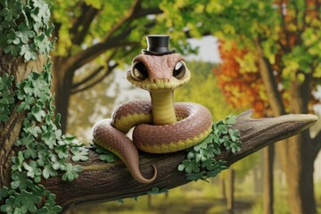 Poster - Adorable cartoon snake wearing a top hat perched on a mossy branch in a forest.
