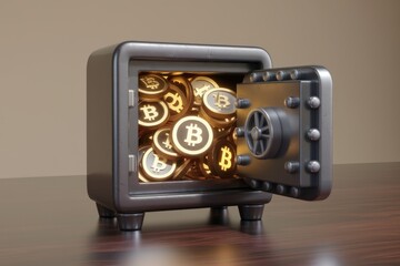 Poster - A metal safe overflowing with gleaming gold Bitcoin cryptocurrency coins, symbolizing digital wealth security.