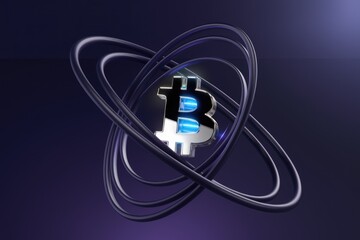 Poster - A 3D rendering of a Bitcoin symbol enclosed within interconnected rings, symbolizing cryptocurrency's global network.