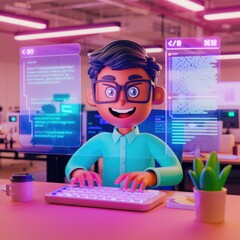 Poster - A 3D cartoon programmer happily codes, surrounded by glowing screens displaying lines of code.