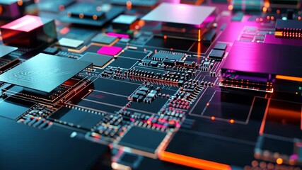 Poster - Futuristic circuit board with glowing neon elements and dynamic energy flow