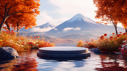 Autumn scene and Natural background, stone podium on the water and bloom flowers on the ground. Backdrop snow mountain reflect the water surface for product stand display, advertising, mockup or etc