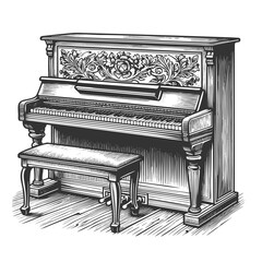 Wall Mural - ornate upright piano engraving vector illustration