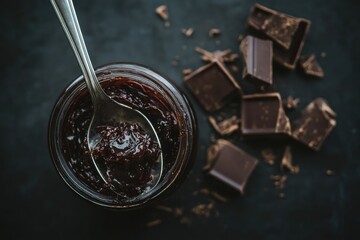 Poster - Decadent chocolate spread in a jar alongside chocolate pieces on a dark surface