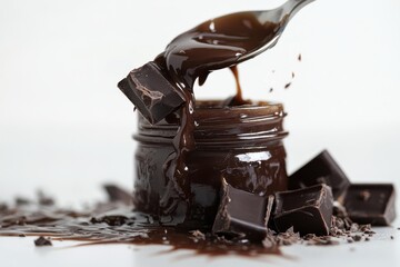 Poster - Rich chocolate sauce drizzled from a spoon into a jar surrounded by chocolate pieces