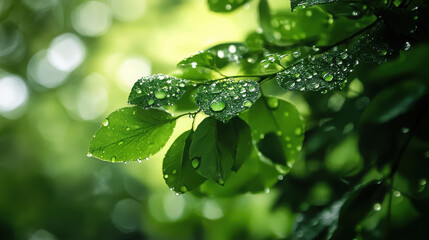 Wall Mural - Close-up of green leaves with water droplets, showcasing nature's beauty and freshness.