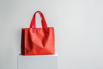 Poster - Bright red tote bag stands on a minimalist pedestal in neutral setting with soft light