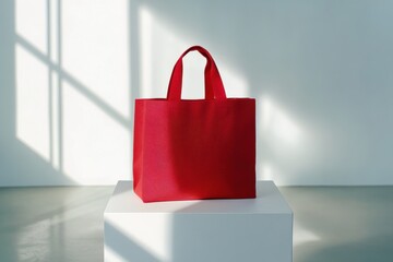 Poster - Bright red tote bag on a white pedestal in a well-lit modern space showcasing simplicity and elegance