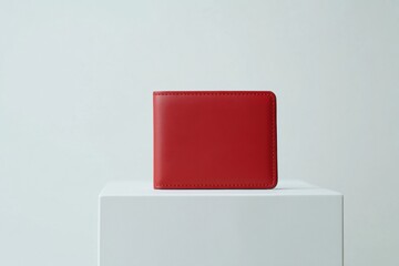Poster - Red wallet displayed on a minimalist pedestal against a light background in a well-lit interior setting