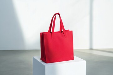 Poster - Stylish red tote bag displayed on a pedestal in a bright, minimalist indoor space during daylight hours