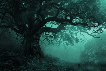 Wall Mural - Spooky foggy forest with gnarled tree branches creating a mysterious and eerie atmosphere