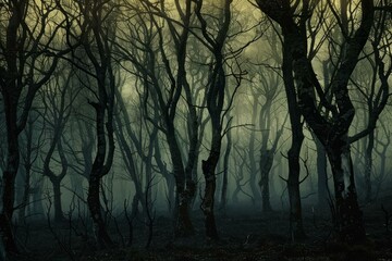 Wall Mural - Eerie fog flowing through a dark, mysterious forest at dawn, creating a spooky and atmospheric scene
