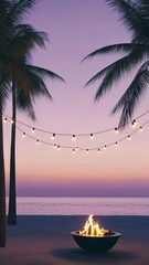 Aufkleber - Serene beachfront landscape featuring gentle waves lapping near swaying palm trees, embracing golden sunset hues with glowing fire pit creating tranquil evening atmosphere