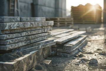 Stacked construction materials on a site, with sunlight illuminating the background.