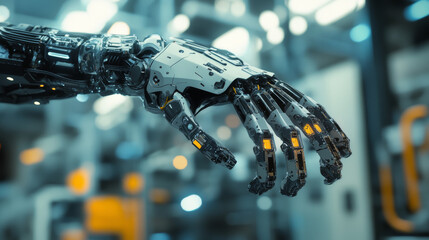 Poster - Automated mechanic hand isolated robotic arm with grabbing claw. Vector industrial machinery equipment, grabbing manufacturing tool, factory engineering automation, production line technology