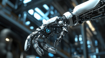 Poster - Automated mechanic hand isolated robotic arm with grabbing claw. Vector industrial machinery equipment, grabbing manufacturing tool, factory engineering automation, production line technology