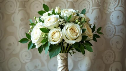 Poster - A bouquet of white roses is sitting on a table. The bouquet is in a vase