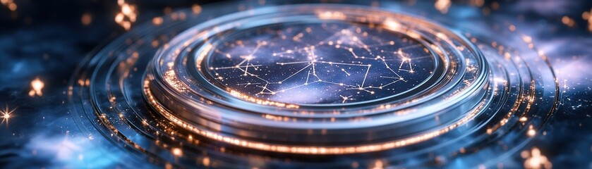 Poster - A circular zodiac wheel radiates a soft glow amidst a deep indigo cosmic sky. Scattered constellations enhance the mystical atmosphere, inviting contemplation and wonder