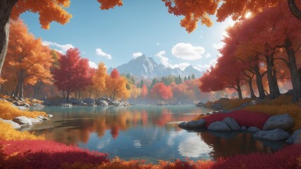 Wall Mural - vibrant autumn landscape featuring colorful trees and serene lake under a clear blue sky