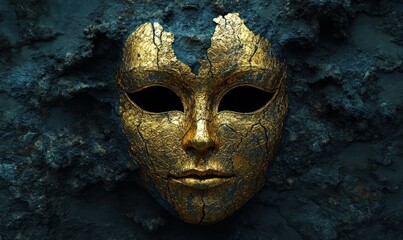 Sticker - Abstract golden mask with intricate detailing, resting against a dark textured background, evoking mystery and artistry