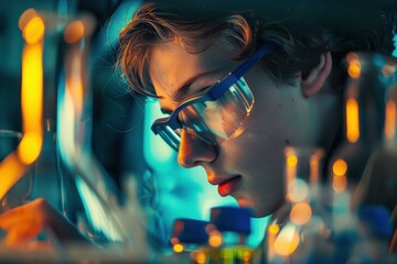 Poster - Young chemist conducting experiment in laboratory, surrounded by test tubes and beakers, focused on research