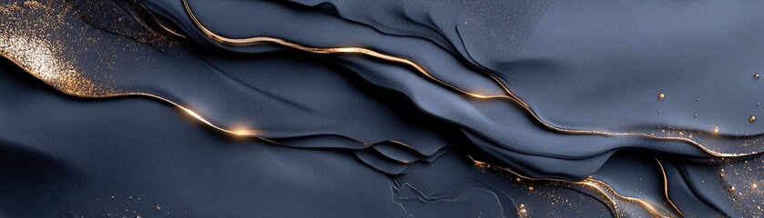 Poster - Gentle waves ripple across a deep navy-blue surface, reflecting soft golden light that enhances the serene atmosphere. The result is a stunning visual with elegant negative space for balance