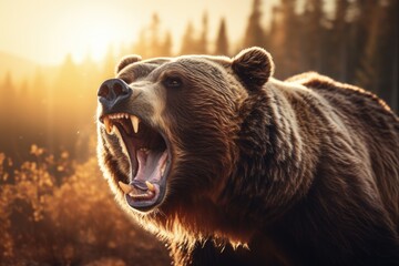 grizzly bear growling at sunrise. an intense moment of wildlife in warm morning light