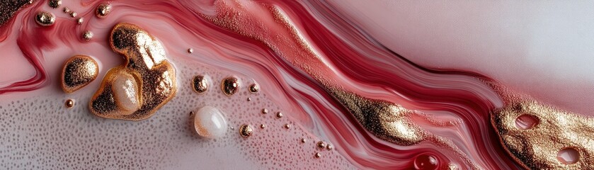 Poster - Fluid acrylic art showcases opulent deep red and gold hues, creating movement and depth. Glossy resin-like textures enhance the visual appeal, ideal for luxury branding and decor