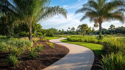 Wall Mural - A path in a park with palm trees and bushes