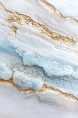 Poster - Textures blend organic acrylic in soothing ocean blues and sandy neutrals, enhanced by delicate gold leaf, creating a serene, luxurious atmosphere ideal for high-end resorts