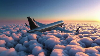 Poster - Passenger jet soaring above vibrant sunset cloudscape, revealing sweeping aerial vista of atmospheric evening sky with dramatic color gradients
