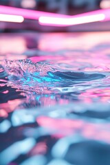 Poster - Glowing water surface features electric blue and purple neon highlights, forming an abstract aesthetic. The vibrant colors create a mesmerizing, futuristic ambiance suitable for high-tech settings