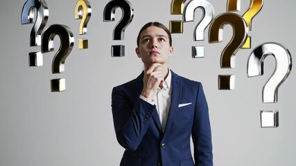 Aufkleber - Thoughtful businessman in professional attire touching chin, surrounded by floating question marks, symbolizing strategic decision making and workplace uncertainty
