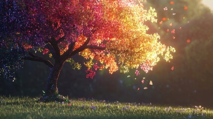 Wall Mural - A colorful tree with leaves of different colors is in a field