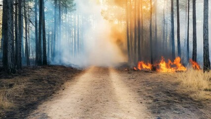 Poster - Intense flames and smoke rise from a wildfire burning along a dirt road, creating a dramatic scene in a forest at sunset with the fire's glow illuminating the trees
