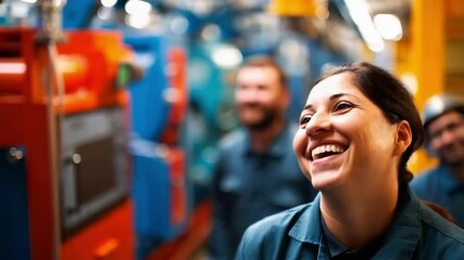 Poster - joyful industrial factory worker smiling with her colleagues in the background, showing her satisfac
