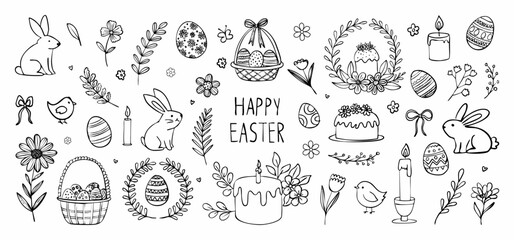Wall Mural - a black and white drawing of easter decorations including easter eggs, rabbits, and flowers. the dra