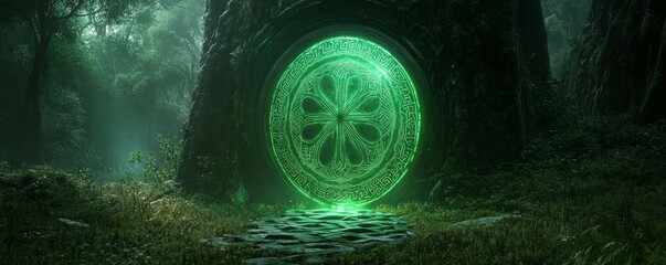 Wall Mural - A glowing green orb rests in a mystical forest clearing.