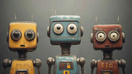 Poster - Robots cartoon characters and android bots, vector. Future AI Robot cyborg and droid machines, digital futuristic technology and computer game artificial intelligence, robotic creatures