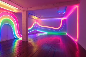 Poster - Empty room with a polished wooden floor is illuminated by a colorful neon light installation, creating a vibrant and futuristic atmosphere