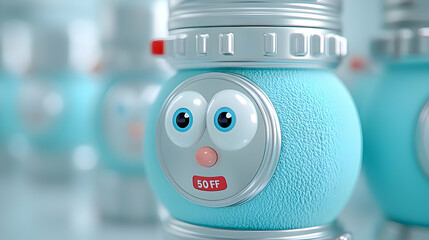 Cute robot toy, close-up, light blue, silver details, blurred background, product shot