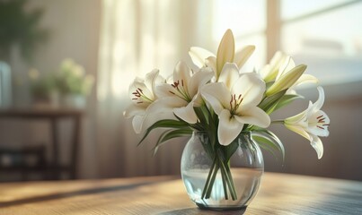 Wall Mural - Delicate bouquet of white lilies arranged in a simple glass vase, with soft sunlight streaming through for a serene and elegant ambiance