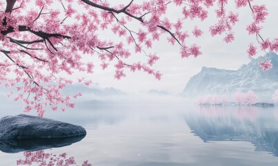 Wall Mural - Delicate cherry blossoms blooming on branches with soft pink petals against a misty gray sky for a serene and tranquil mood