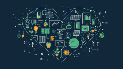 Wall Mural - Green energy heart symbol with pattern of light bulbs with leaves, suns, solar panels and wind turbines, green plants with plugs, batteries and earth globes, smart houses and wind energy farms icons