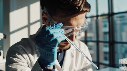 Poster - Laboratory technician wearing protective glasses and gloves carefully using a pipette, transferring liquid in a modern lab setting with test tubes and a microscope visible in the background