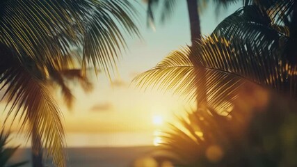 Aufkleber - Golden hour sunlight filters through palm fronds, creating a serene and idyllic tropical beach scene at sunset, perfect for summer holiday travel and resort advertising