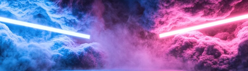 Poster - Dynamic fluid waves in electric blue and ultraviolet blend seamlessly, evoking a cosmic atmosphere. Glowing edges define an empty central area ready for text