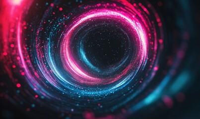 Wall Mural - Dynamic light trails of vivid magenta and cyan creating a circular vortex, set against a minimalist, deep black space.